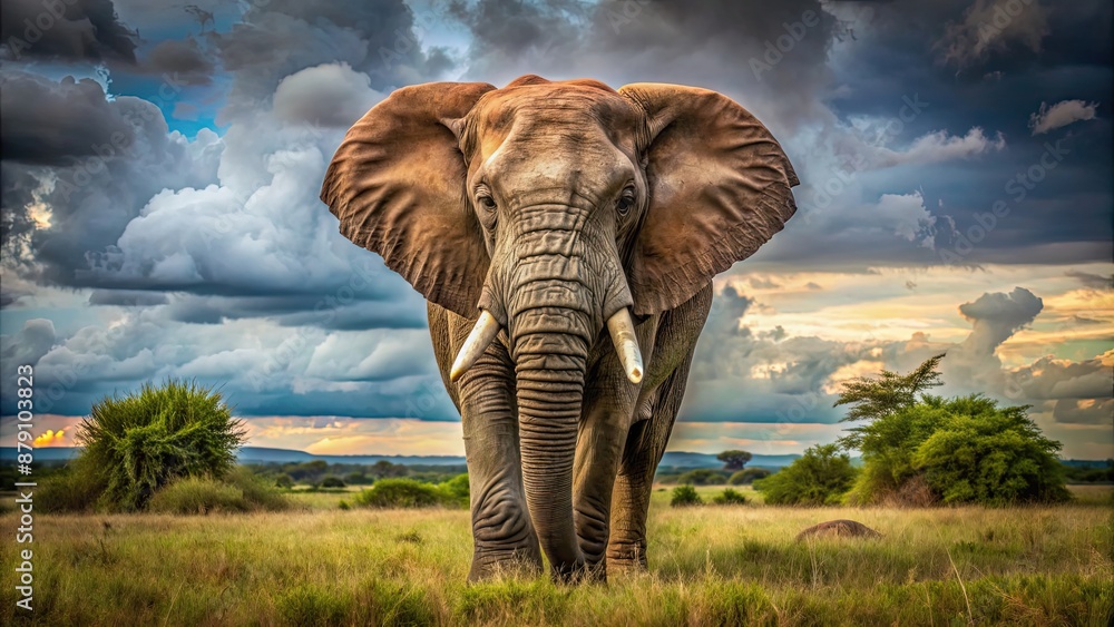 Fototapeta premium A powerful and majestic elephant standing strong in the wild, strength, animal, wildlife, power, majestic, wild, nature