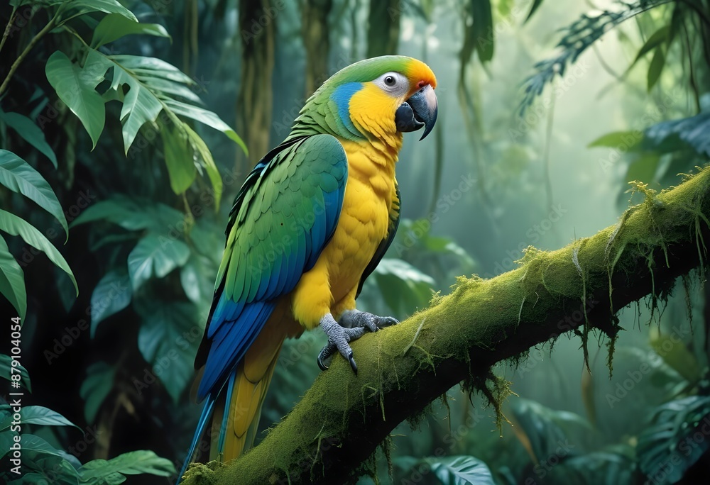 Obraz premium A colorful parrot is perched on a branch in the jungle