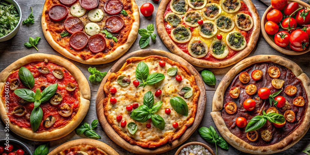 An assortment of freshly baked gourmet pizzas including pepperoni, margherita