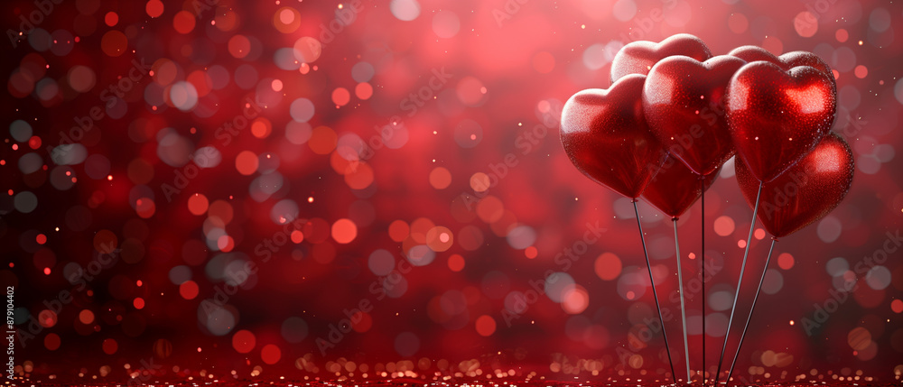 Red background, the background is decorated with love balloons and gift, luminous atmosphere Red background, the background is decorated with love balloons and gift, luminous atmosphere