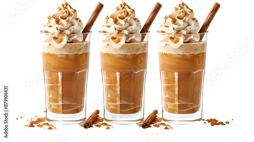 Caramel frappuccinos with whipped cream and caramel drizzle Isolated on transparent background. photo