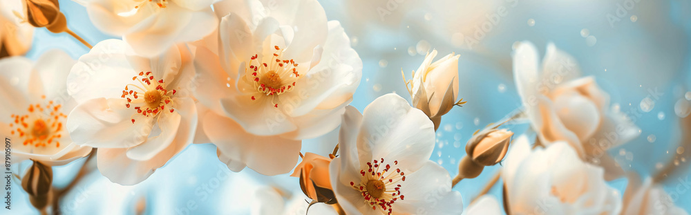 Fototapeta premium A close-up of white wild roses on the left side, with space for copy against a blue sky background. The flowers have an orange center and delicate petals that create a romantic atmosphere. 
