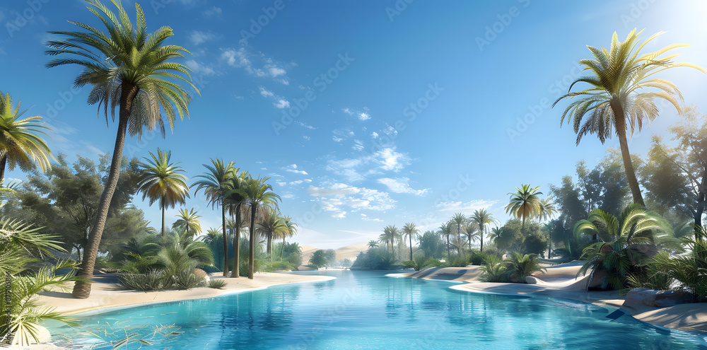 A serene desert oasis under a vast panoramic sky view A serene desert oasis under a vast panoramic sky view