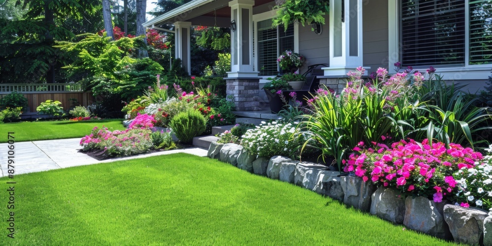 A luxurious suburban home on a sunny summer day, featuring a well-manicured lawn and vibrant flowerbeds. A luxurious suburban home on a sunny summer day, featuring a well-manicured lawn and vibrant flowerbeds.