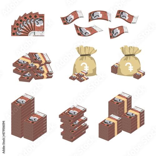 Armenian Dram Vector Illustration. Huge packs of Armenia, Artsakh money set bundle banknotes. Bundle with cash bills. Deposit, wealth, accumulation and inheritance. Falling money 5000 AMD