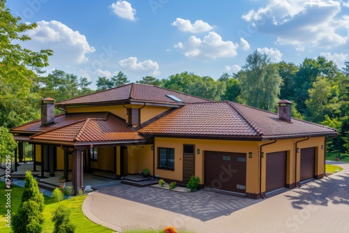 An elegant suburban house boasting a meticulous landscaped garden under the clear blue skies of a pleasant summer day.
