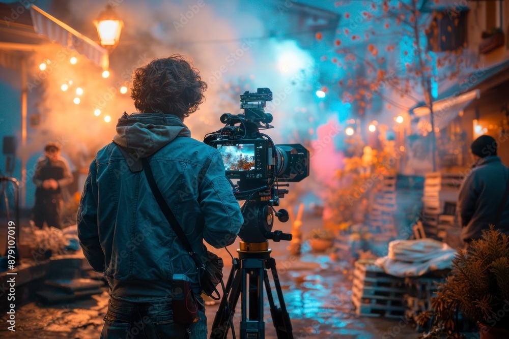 Fototapeta premium A cinematographer operates a camera on a tripod, capturing a scene outside a house bathed in atmospheric blue light and fog at dusk.