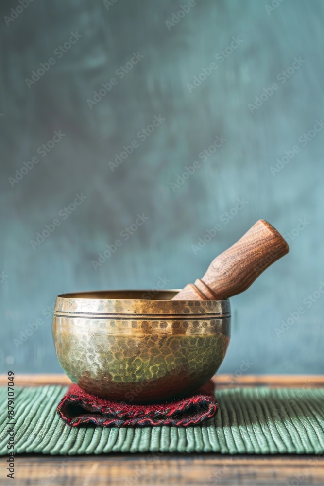 Tibetan Singing Bowl with Wooden Striker on Green Mat Tibetan Singing Bowl with Wooden Striker on Green Mat