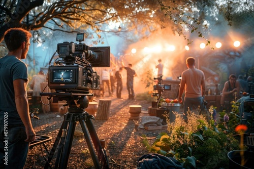 A film camera is set up on a tripod, capturing a scene at the beach with the crew working in the background during sunset. photo