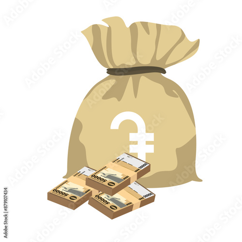 Armenian Dram Vector Illustration. Armenia, Artsakh money set bundle banknotes. Money bag 50000 AMD. Flat style. Isolated on white background. Simple minimal design.