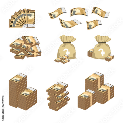 Armenian Dram Vector Illustration. Huge packs of Armenia, Artsakh money set bundle banknotes. Bundle with cash bills. Deposit, wealth, accumulation and inheritance. Falling money 50000 AMD