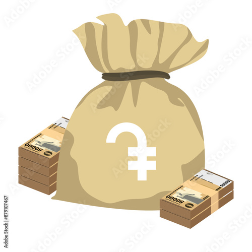 Armenian Dram Vector Illustration. Armenia, Artsakh money set bundle banknotes. Money bag 50000 AMD. Flat style. Isolated on white background. Simple minimal design.
