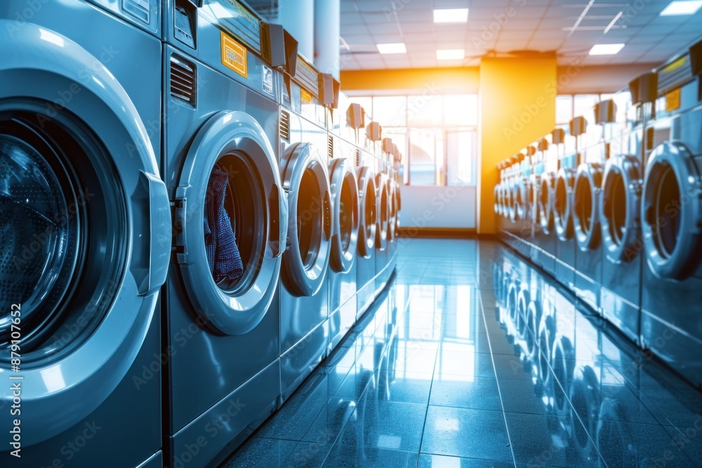 Obraz premium A row of front-loading washing machines lines the interior of a clean and modern urban laundromat.