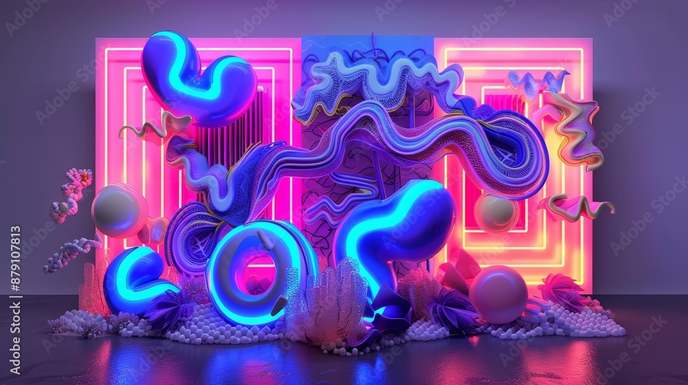 Obraz premium Whimsical and charming neon colored 3D art AI generated illustration