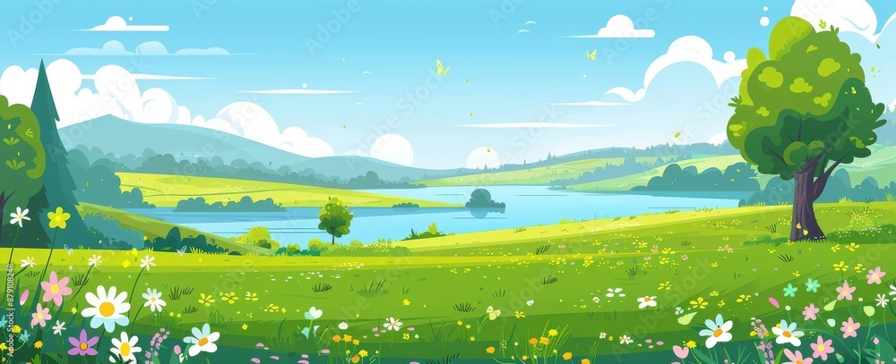 Naklejka premium Spring Landscape with River and Flowers