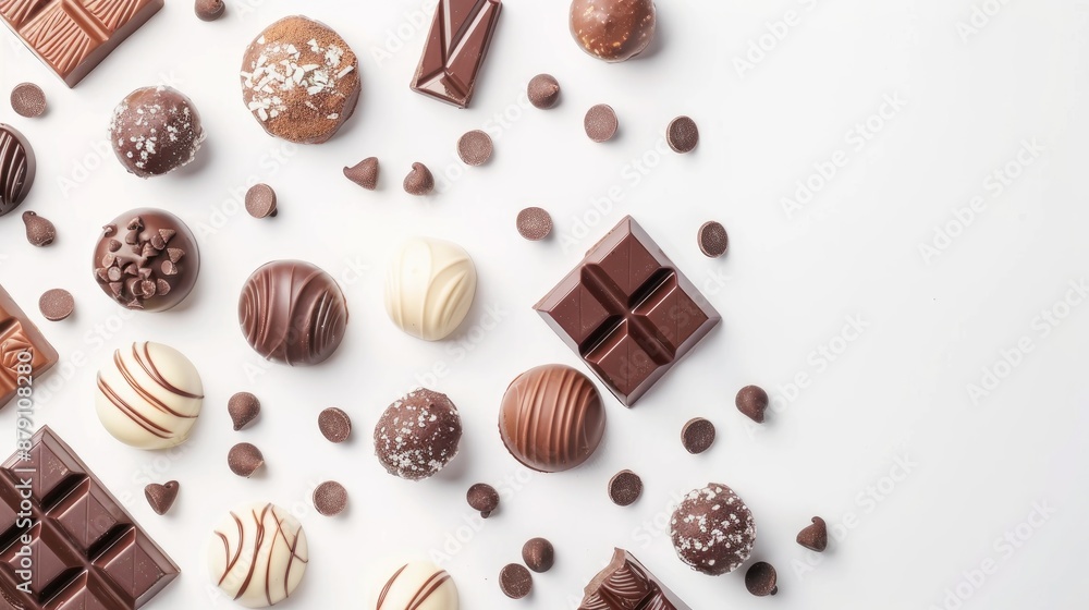 Variety of chocolate on white background in flat lay style Variety of chocolate on white background in flat lay style