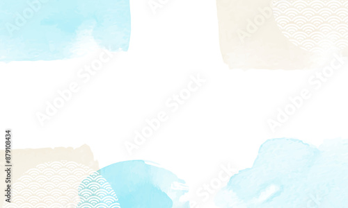 青とベージュの水彩背景に和柄の青海波