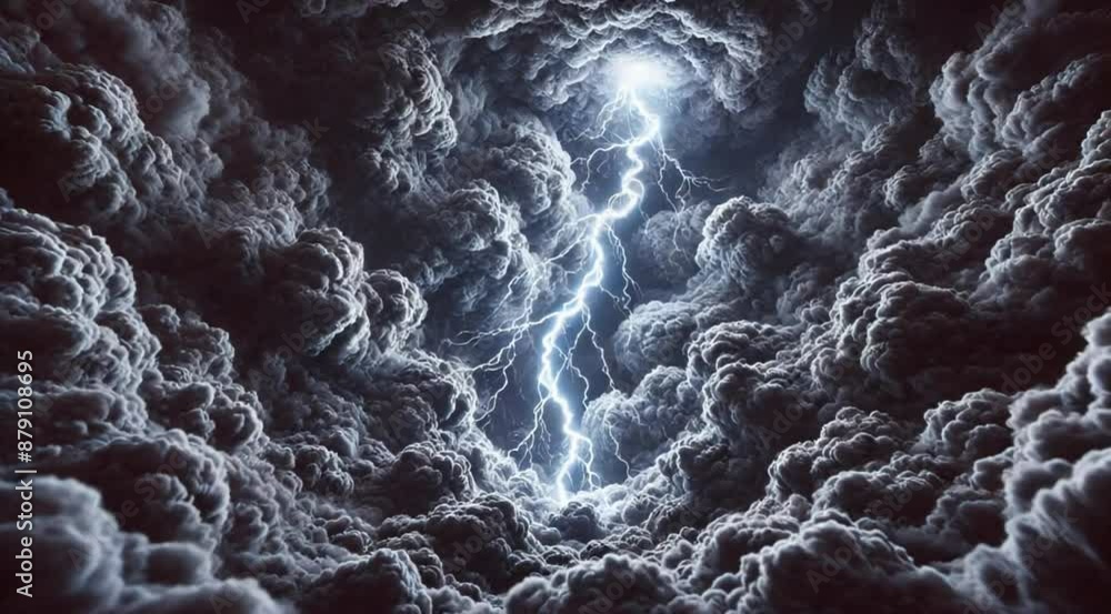 A stormy sky with a large, swirling cloud and a lightning bolt. Scene is intense and dramatic A stormy sky with a large, swirling cloud and a lightning bolt. Scene is intense and dramatic