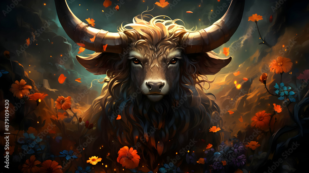 Mythical Bull Illustration with Flowers Mythical Bull Illustration with Flowers