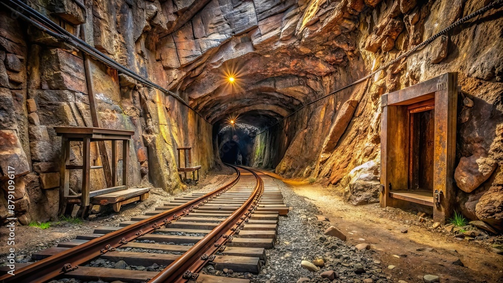 Naklejka premium Chilling abandoned mine with railroad tracks, deep cave walls , abandoned, mine, railway, tracks, depths, earth, craggy