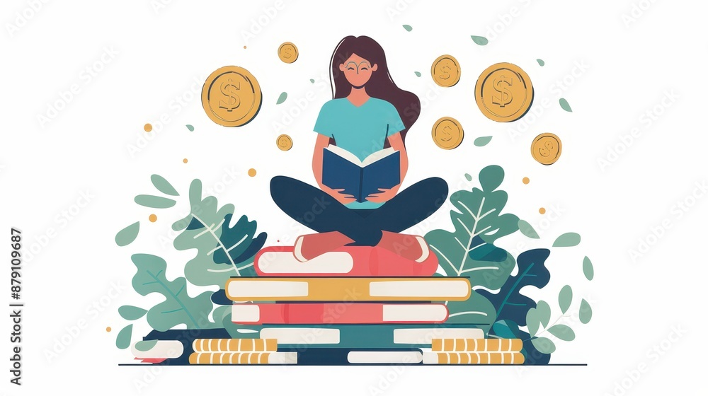 A woman is reading a book while sitting on a stack of books A woman is reading a book while sitting on a stack of books