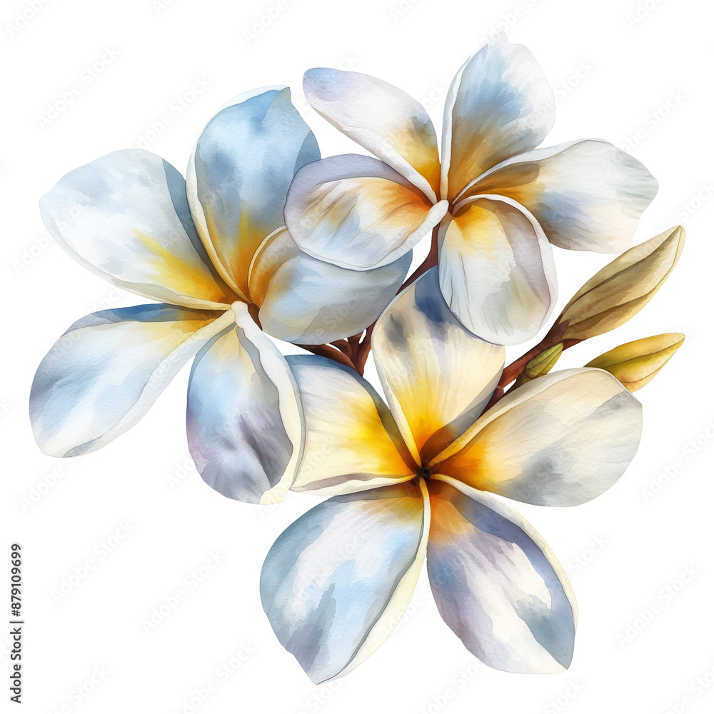 watercolor painting white Blooming plumeria flower isolated on transparent background. watercolor painting white Blooming plumeria flower isolated on transparent background.