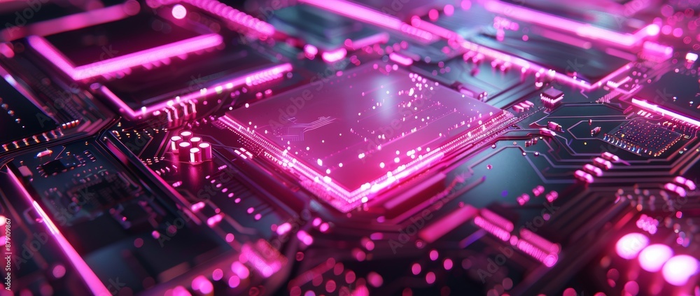 Fototapeta premium The illuminated microchip layer is bathed in pink light. Showcasing advanced technology and innovation in electronics manufacturing.
