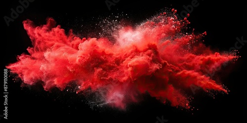Abstract explosion of red powder against black background, colorful paint particles forming a vibrant cloud, explosion
