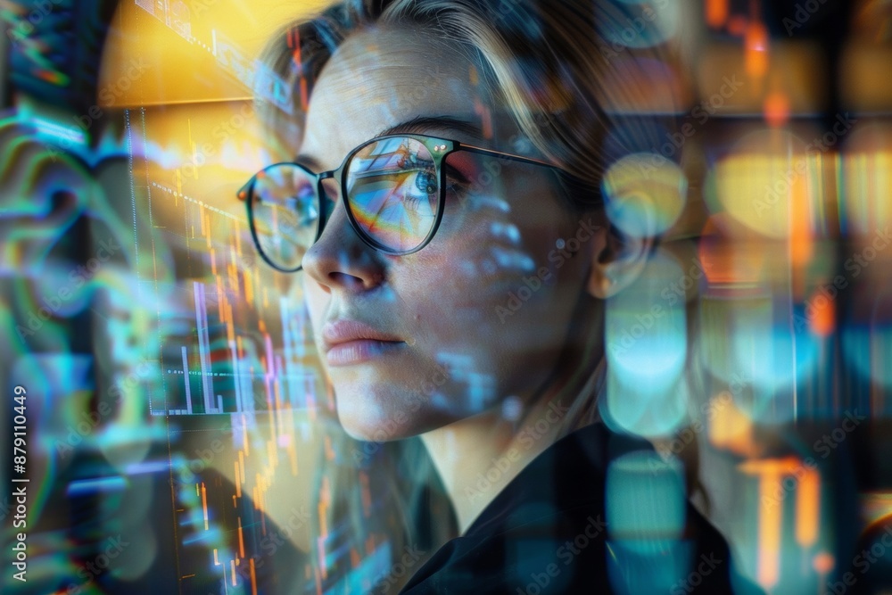 business woman wearing glasses It has a reflection in the lens that shows graphs, tables, and sales figures. It emphasizes analytical skills and data-driven decision making. business woman wearing glasses It has a reflection in the lens that shows graphs, tables, and sales figures. It emphasizes analytical skills and data-driven decision making.