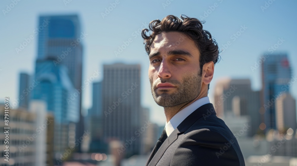 Determined Business Person in Formal Suit with Blurred Cityscape Background Determined Business Person in Formal Suit with Blurred Cityscape Background