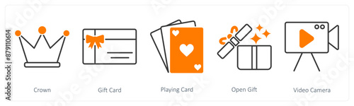 A set of 5 Party and Celebration icons as crown, gift card, playing card