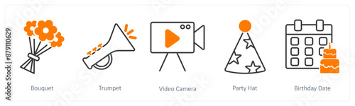 A set of 5 Party and Celebration icons as bouquet, trumpet, video camera