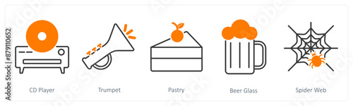 A set of 5 Party and Celebration icons as cd player, trumpet, pastry