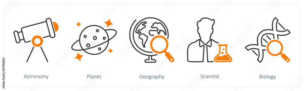 A set of 5 School and Education icons as astronomy, planet, geography A set of 5 School and Education icons as astronomy, planet, geography