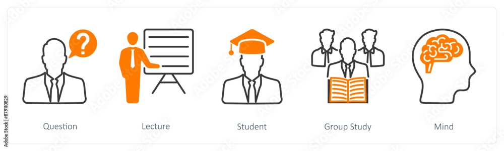 A set of 5 School and Education icons as question, lecture, student A set of 5 School and Education icons as question, lecture, student