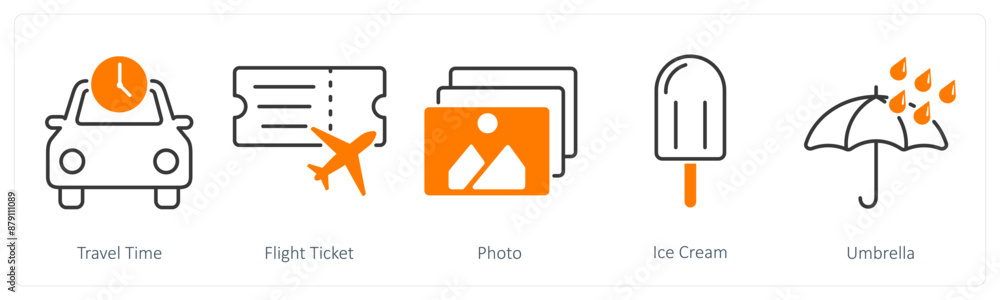 A set of 5 Summer and Travel icons as travel time, flight ticket, photo A set of 5 Summer and Travel icons as travel time, flight ticket, photo