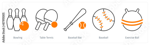 A set of 5 Sports and Fitness icons as bowling, table tennis, basketball bat