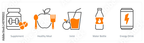A set of 5 Sports and Fitness icons as supplement, healthy meal, juice