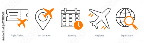 A set of 5 Summer and Travel icons as flight ticket, air location, booking