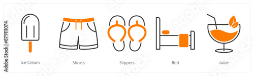 A set of 5 Summer and Travel icons as ice cream, shorts, slippers