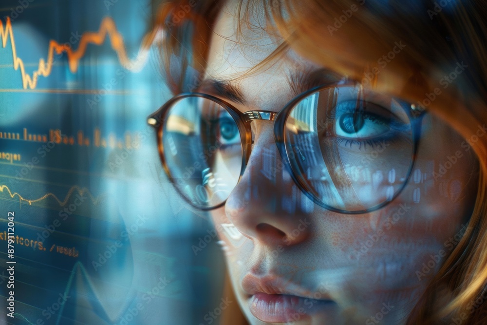 business woman wearing glasses It has a reflection in the lens that shows graphs, tables, and sales figures. It emphasizes analytical skills and data-driven decision making. business woman wearing glasses It has a reflection in the lens that shows graphs, tables, and sales figures. It emphasizes analytical skills and data-driven decision making.