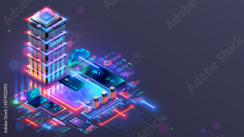 Online internet bank concept. Online internet bank digital infrastructure. Internet banking isometric concept. Phone, card, icons of services next to bank building. Internet mobile digital bank.