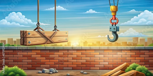 Construction crane lifting a wooden beam.