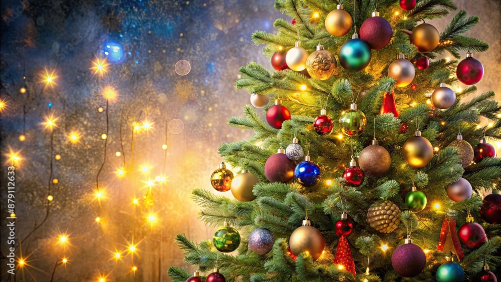 Beautifully decorated Christmas tree with twinkling lights and colorful ornaments, festive, holiday, celebration, pine Beautifully decorated Christmas tree with twinkling lights and colorful ornaments, festive, holiday, celebration, pine