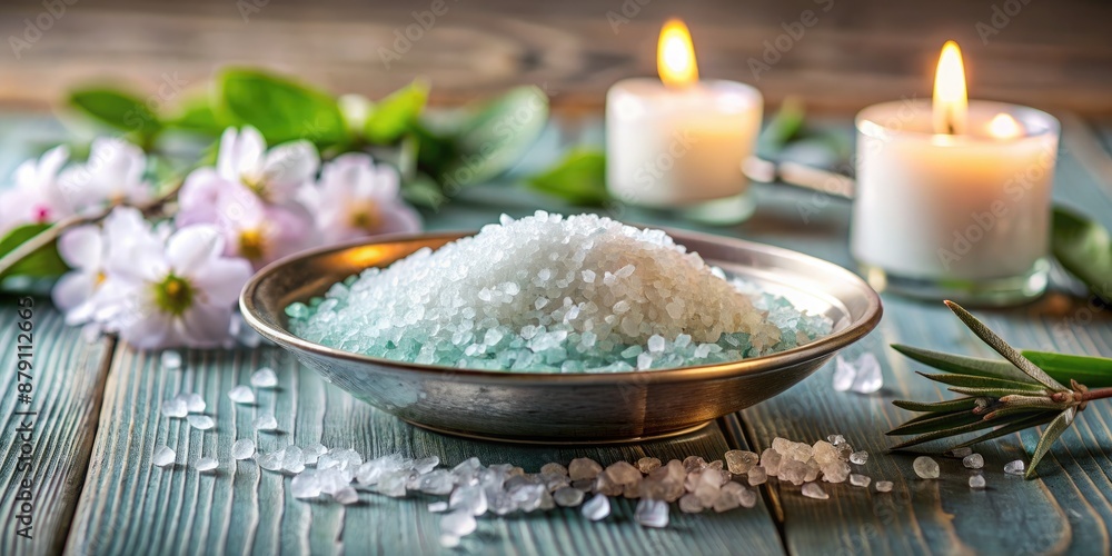 Spa scene with candles and bath salts in a bowl. Spa scene with candles and bath salts in a bowl.
