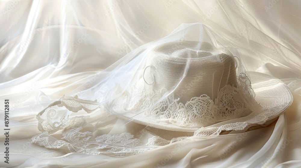 Elegant White Lace Hat on Satin Fabric. Generative AI Elegant White Lace Hat on Satin Fabric. Generative AI