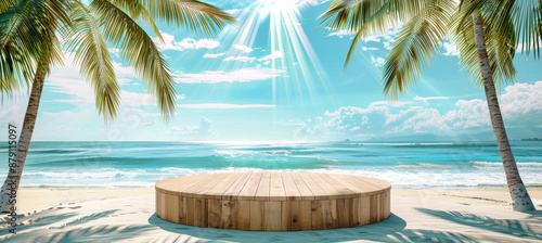 Fototapeta Naklejka Na Ścianę i Meble -  A circular wooden podium stands on a pristine white sandy beach with turquoise ocean water and palm trees in the background