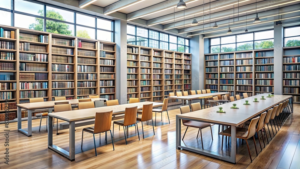 A modern library with rows of books and study tables, library, books, education, knowledge, research, academic A modern library with rows of books and study tables, library, books, education, knowledge, research, academic