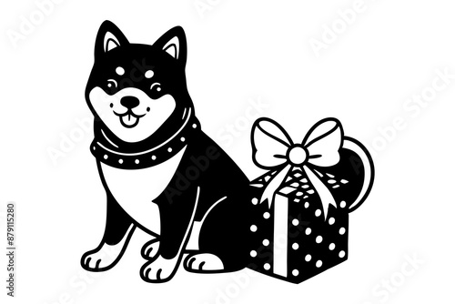 Christmas dog and gift box vector illustration 