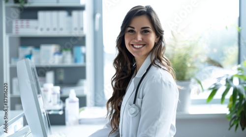 This image shows a female doctor wearing a lab coat and stethoscope, smiling while seated at her desk in a well-lit, welcoming medical office, exuding warmth and professionalism.